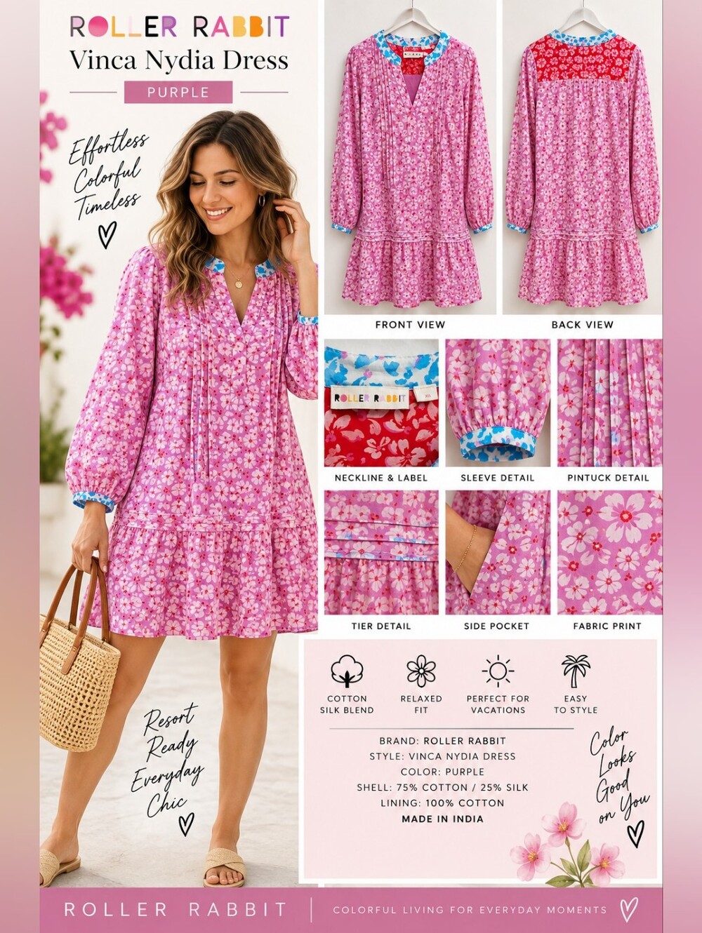 Roller Rabbit Vinca Nydia Dress Purple Cotton Silk Floral XS $198